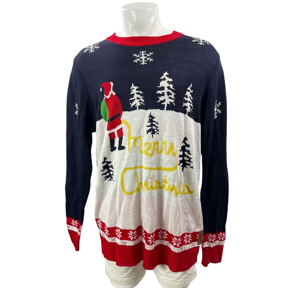 Tipsy Elves Mens Navy Knit Santa Claus Snow Ugly Christmas Sweater Top Size XXL